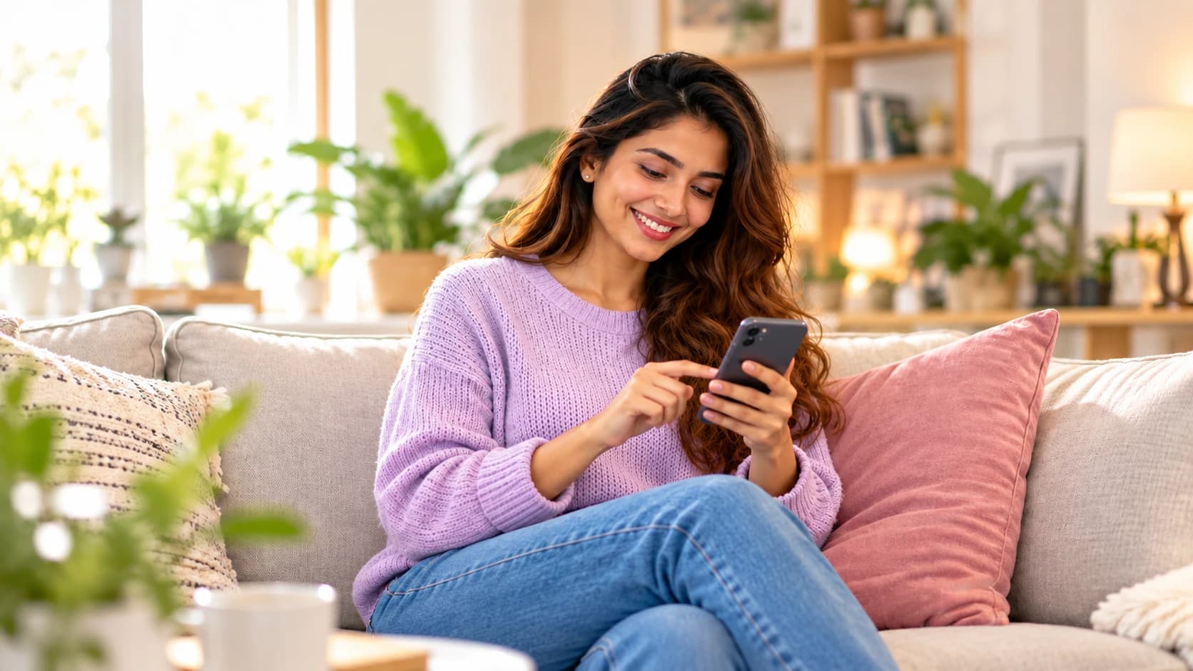 Riya smiles confidently as she taps her phone to place her watch order.