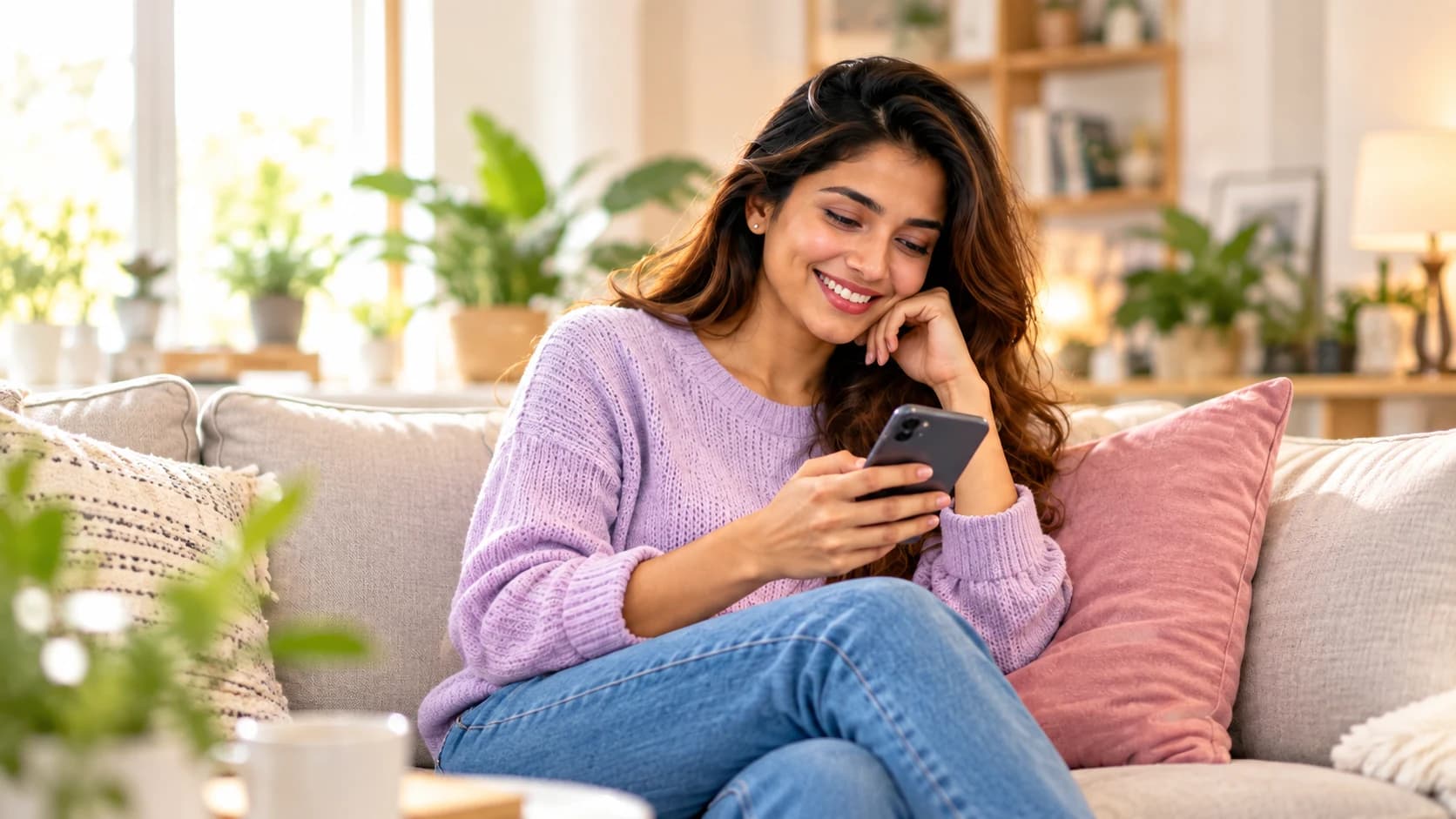 Riya smiles while casually browsing on her phone in a bright lounge.