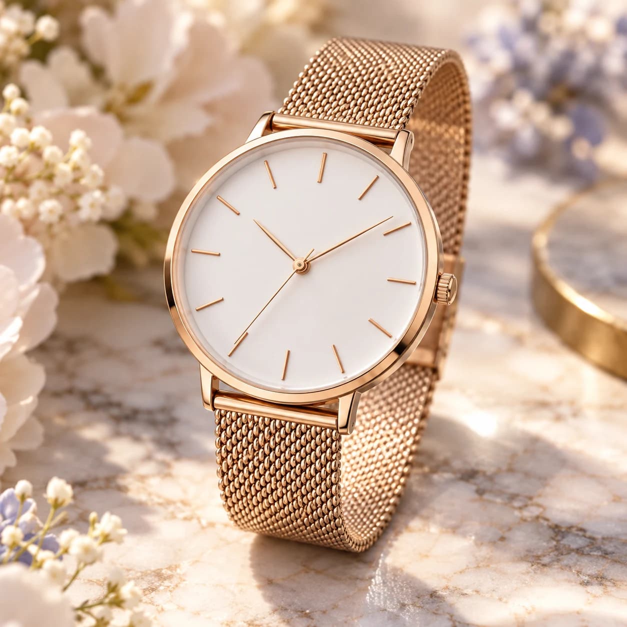 Elegant rose-gold watch with a white dial and mesh strap