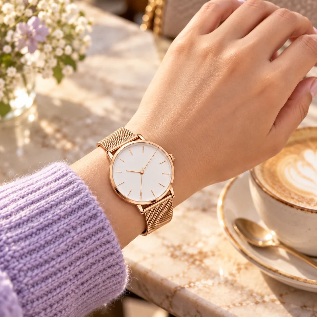 The same rose-gold watch worn on a wrist